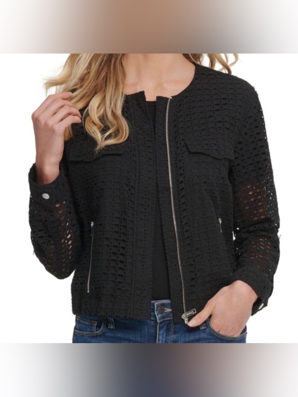 New! DKNY CROCHETED EYELET WOMEN'S BLACK FULL ZIP JACKET SIZE LARGE